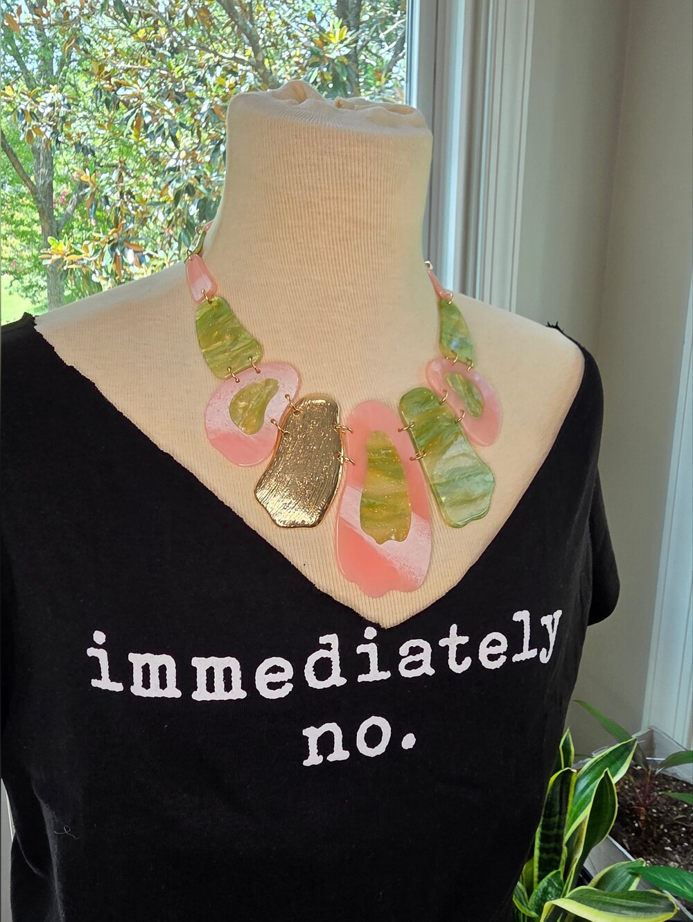 Pink, Green and Goldtone Statement Necklace with Earrings Set